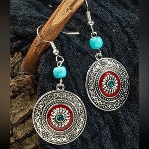 💎 New Vintage Design Boho Round Circular Red Enamel & Blue Rhinestone Earring